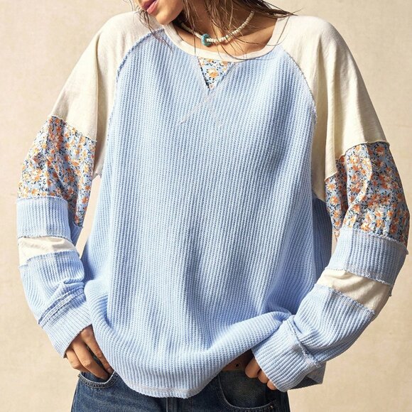 Blue Casual Women's Knit Patchwork Round Neck Long Sleeve Loose Blouse - Picture 5 of 8